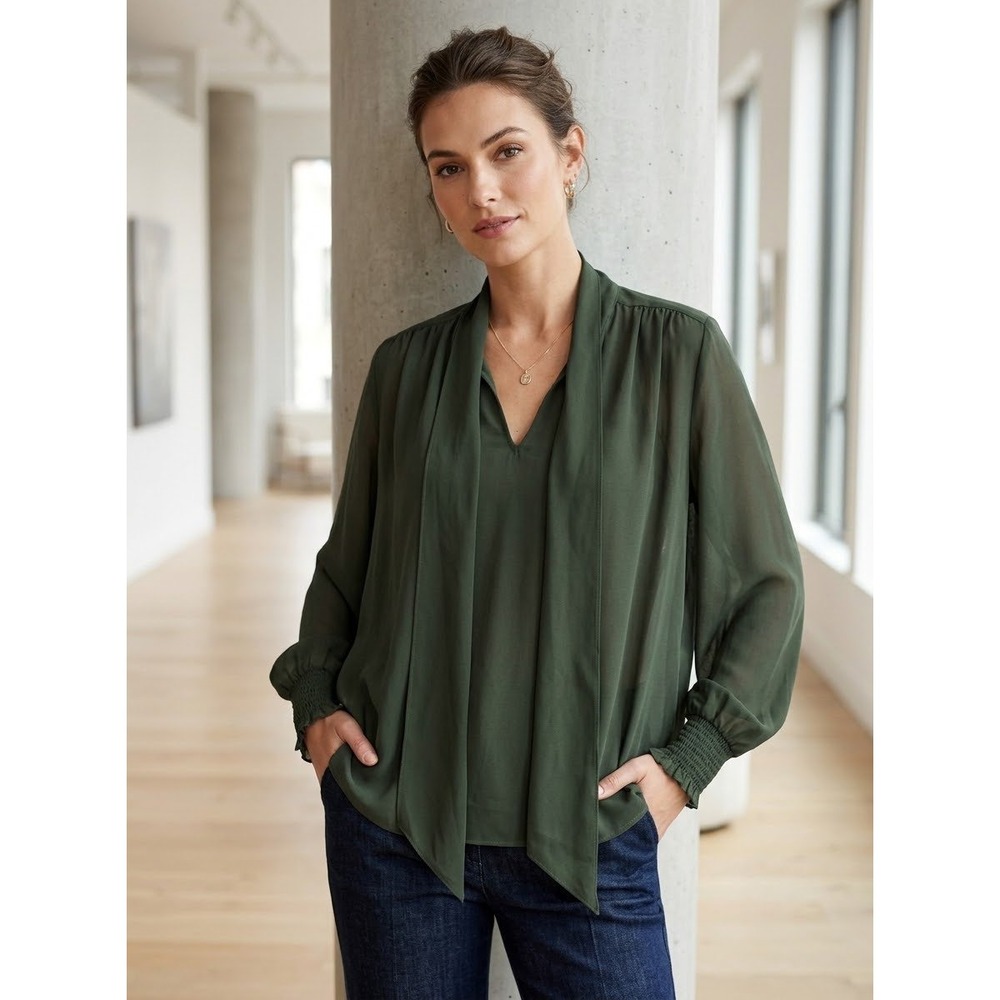 Tie Neck Smocked Wilfred Dark Green Recycled Polyester Blouse Size S Small